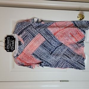 New Directions Tunic Top 1X Short Sleeve Blue White Pink Embellished